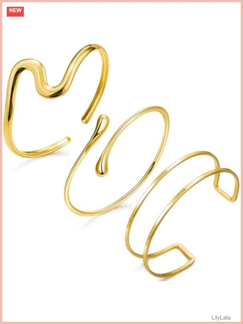 3 Pc Gold Plated Arm Cuff Set Wave Teardrop Coil Layered Adjustable